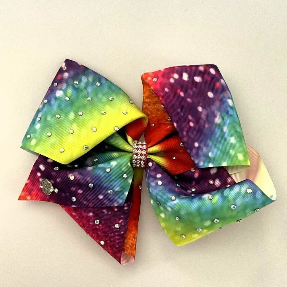 JOJO SIWA HAIR BOW SET, RAINBOW WITH RHINESTONES AND MERMAID PRINT 2 BOWS